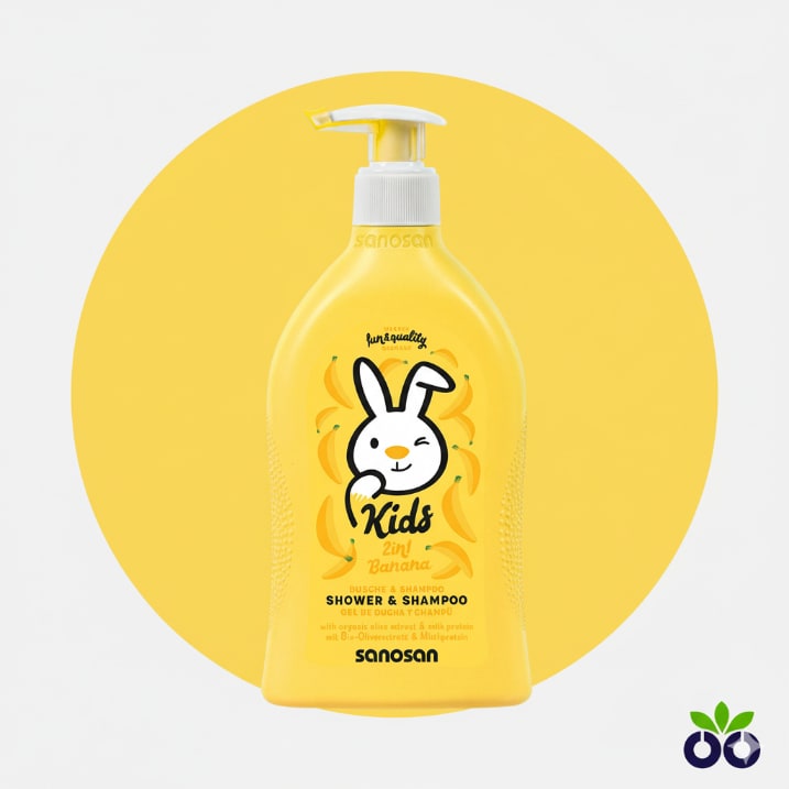 Sanosan Banana, a gentle kids 2 in 1 shampoo with Milk Protein for easy combing and soft hair.
