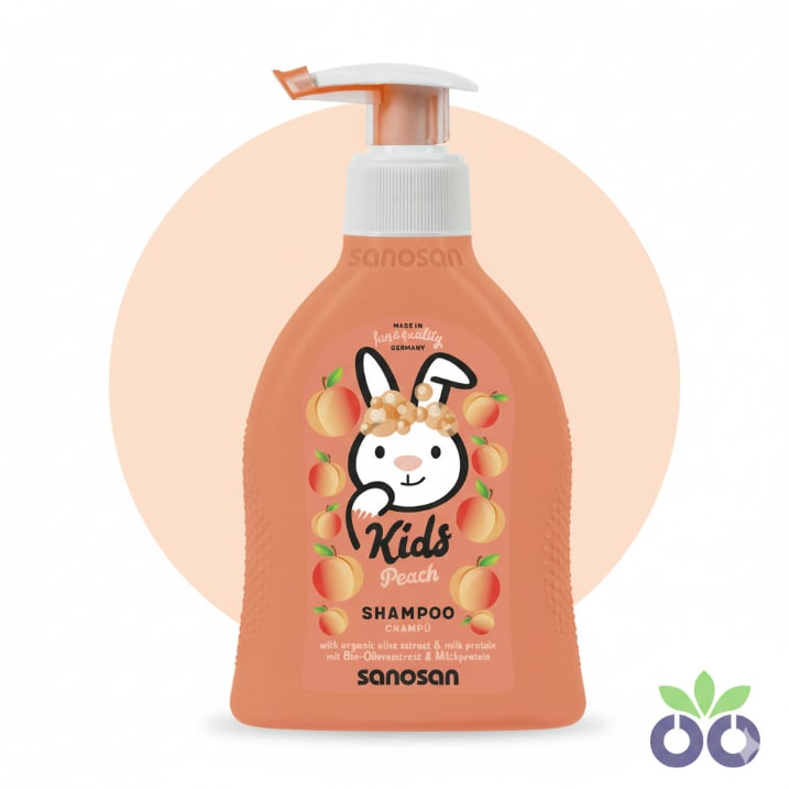 Sanosan Peach, a gentle kids 2 in 1 shampoo with Milk Protein for easy combing and soft hair.