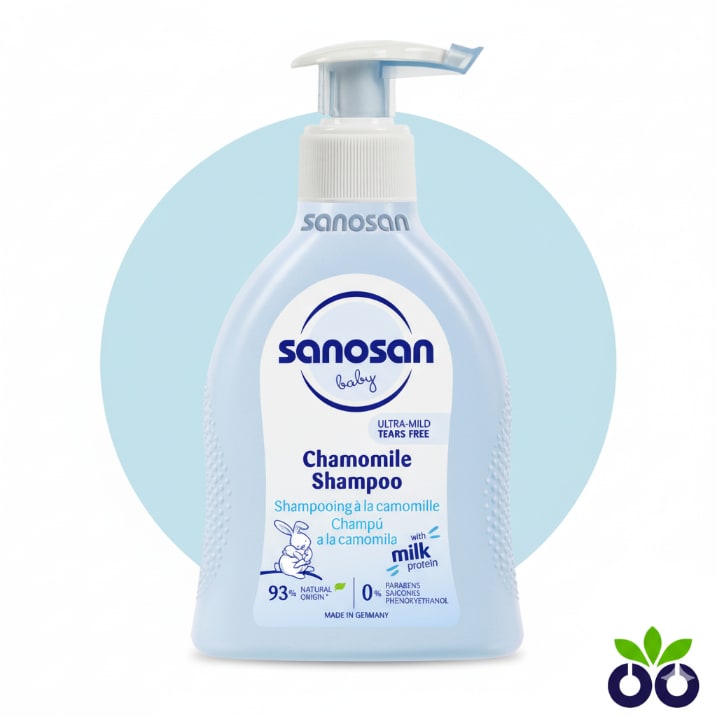 Sanosan Chamomile, a soothing baby shampoo for sensitive scalp, with Milk Protein to gently cleanse and calm.