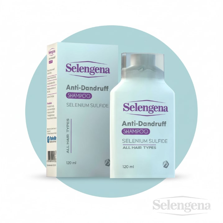 Selengena's selenium sulfide shampoo for dandruff, a medicated shampoo with Piroctone Olamine to treat severe flakes.