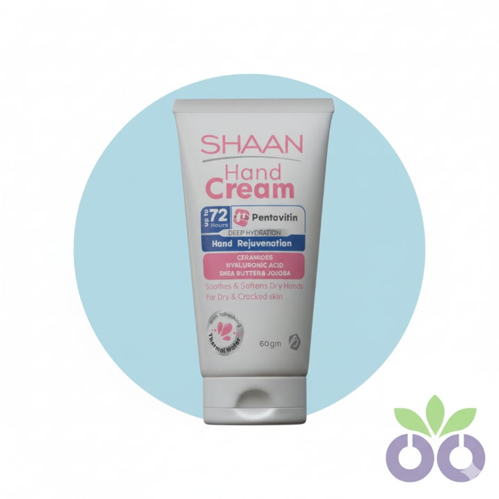 Shaan Hand Cream, a reparative ceramide hand cream with Hyaluronic Acid and Shea Butter for dry, cracked hands.