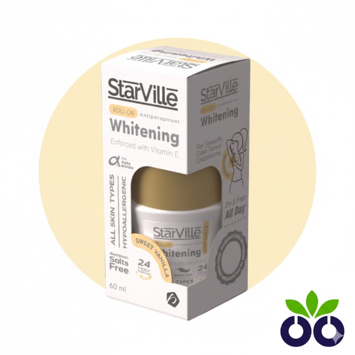StarVille Sweet Vanilla, a sweet vanilla whitening deodorant with Alpha Arbutin and a warm vanilla scent.