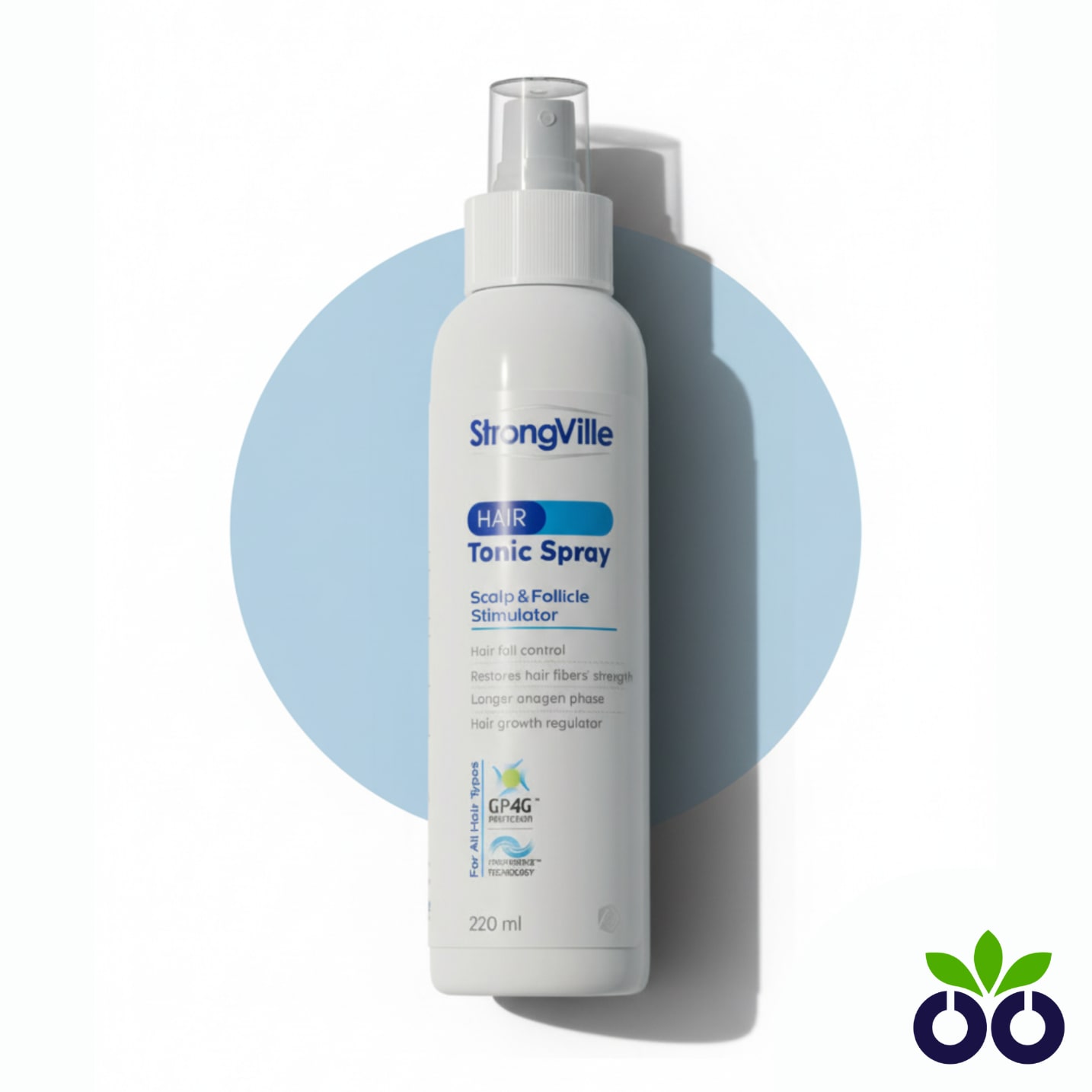 StrongVille Hair Tonic, an anti-hair fall spray with Caffeine, Biotin, and Fiberhance to strengthen hair.