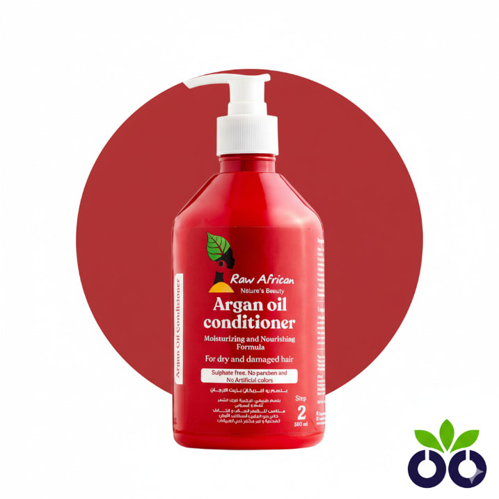 Raw African's hydrating argan oil conditioner with Aloe Vera and Coconut Oil to repair dry, frizzy hair.