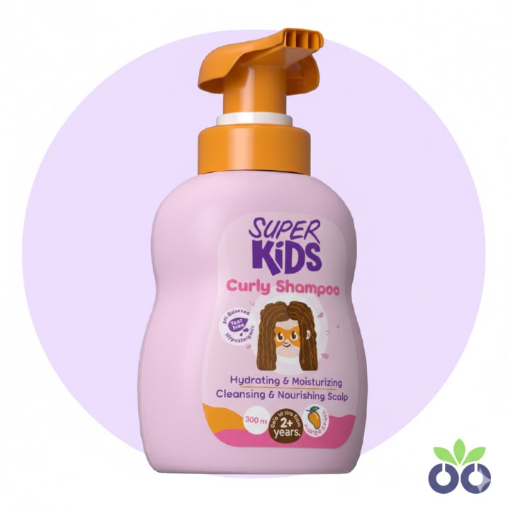 Super Kids Curly Hair Shampoo, a sulfate-free kids curl shampoo with Shea Butter and Slippery Elm for defined, frizz-free curls.
