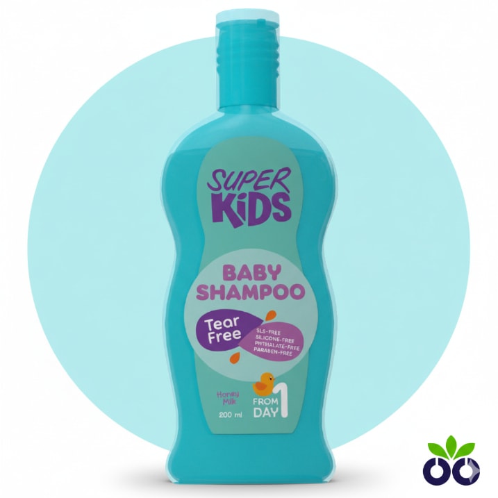 Super Kids Day 1, a gentle newborn shampoo with a tear-free, sulfate-free formula for a baby's first bath.