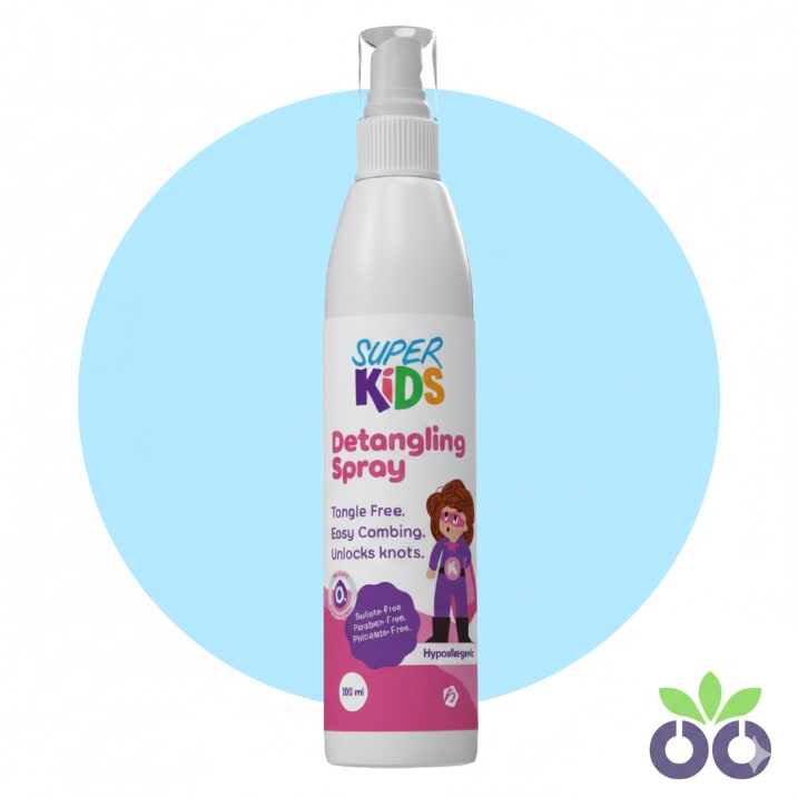 Super Kids kids detangling spray with Argan Oil and Panthenol to gently smooth knots and tame frizz in children's hair.