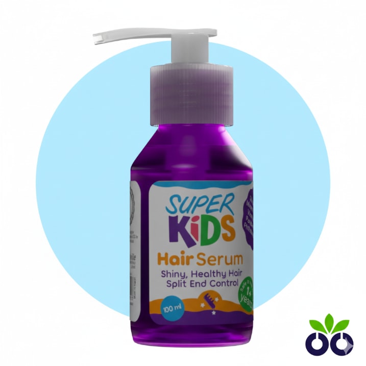 Super Kids Hair Serum, a nourishing kids hair serum with Argan and Jojoba oils to add shine and tame frizz.
