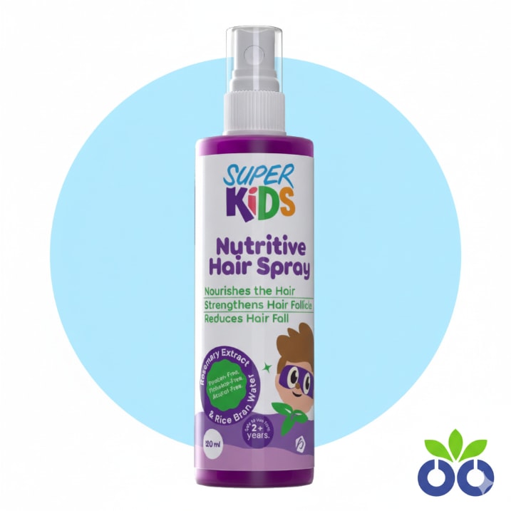 Super Kids Nutritive Hair Spray, a nourishing hair spray for kids with Biotin, Argan Oil, and Shea Butter to strengthen dry, frizzy hair.