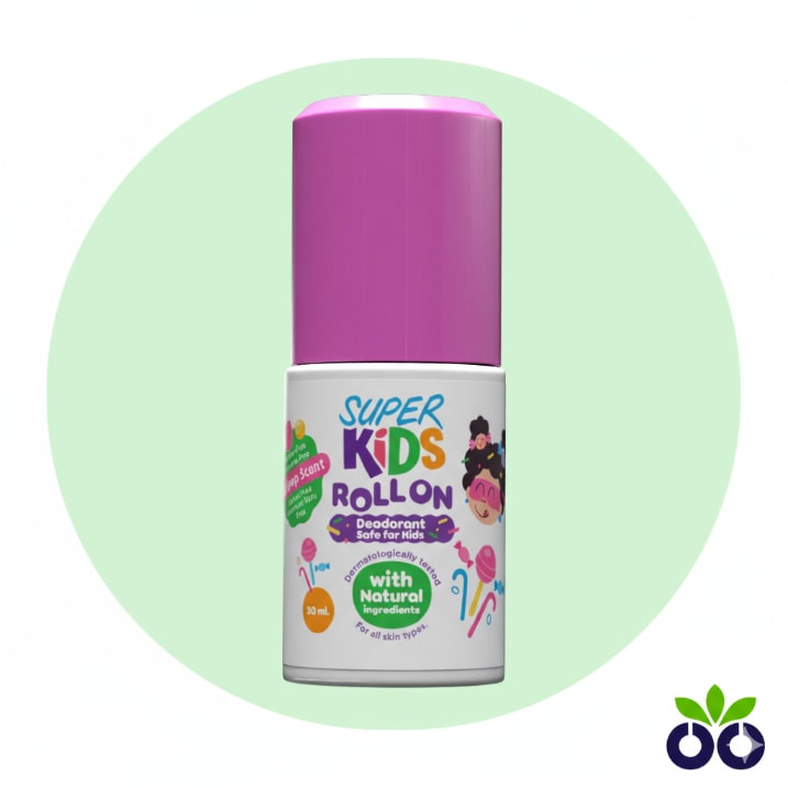 Super Kids Lollipop, a gentle deodorant for kids with Zinc Oxide and Charcoal to control odor.