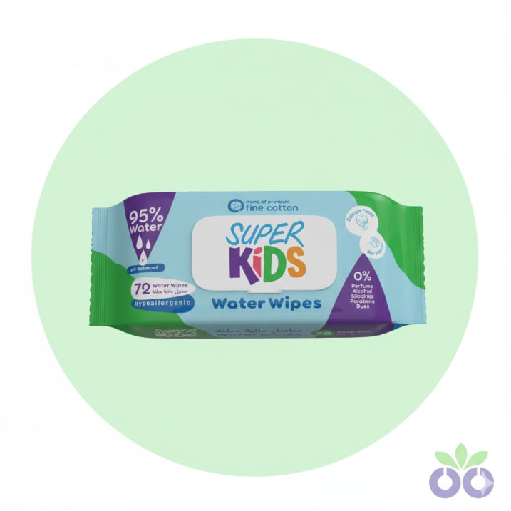 A pack of Super Kids, soothing water wipes for sensitive skin, with Aloe Vera and Chamomile for gentle cleaning.
