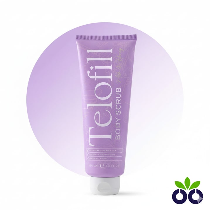 Telofill brighting body scrub with Vitamin C and Licorice for exfoliating dark spots and strawberry skin.