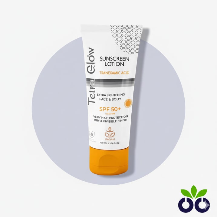 Tetra Glow Sunscreen SPF 50+, a hybrid sunscreen for dark spots with Tranexamic Acid, Cucumber, and Green Tea.