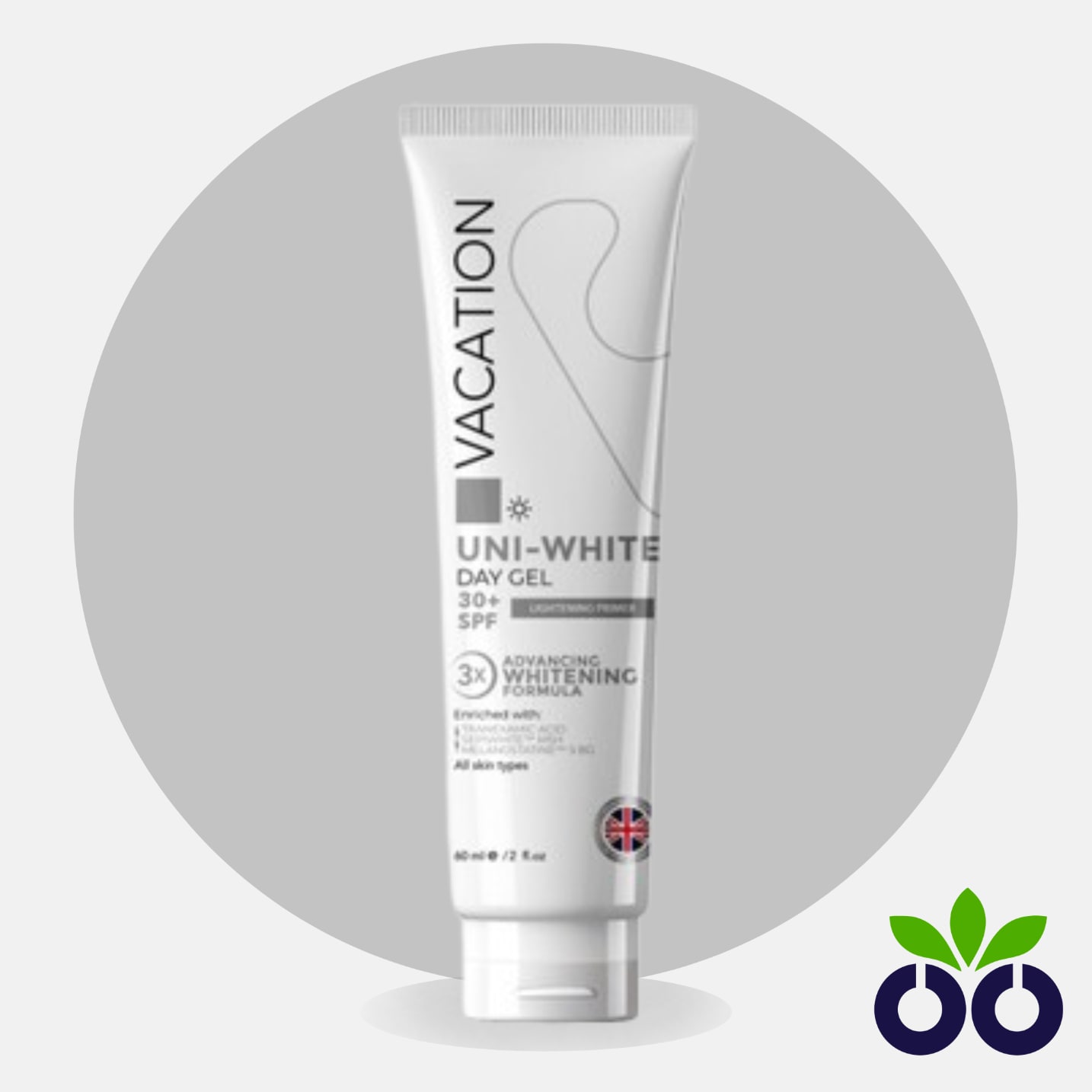 Vacation Uni-White, a brightening day gel with spf and Tranexamic Acid, for fading dark spots and providing mineral sun protection.