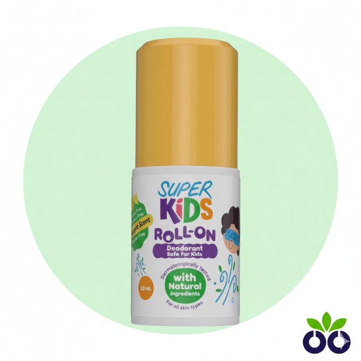 Super Kids Pineapple, a gentle deodorant for kids with Zinc Oxide and Charcoal to control odor.