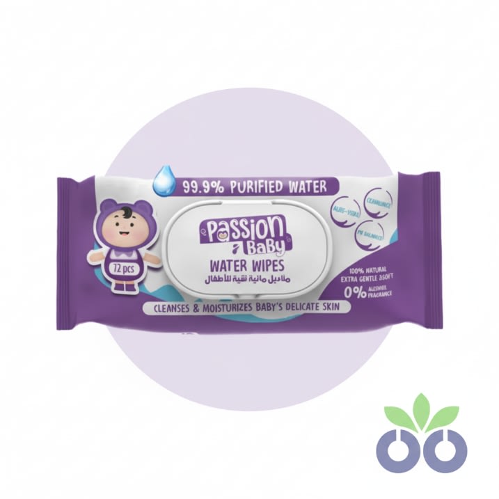 Passion Baby gentle baby wipes for sensitive skin with soothing Aloe Vera and Chamomile.