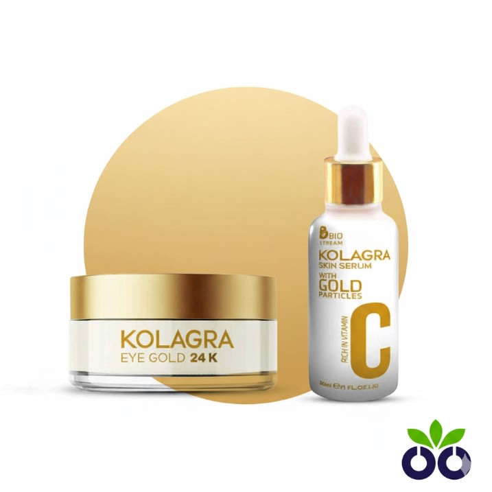 The Kolagra Gold brightening serum and eye gel kit, with 24K Gold and Vitamin C, for fading dark spots and plumping eye wrinkles.