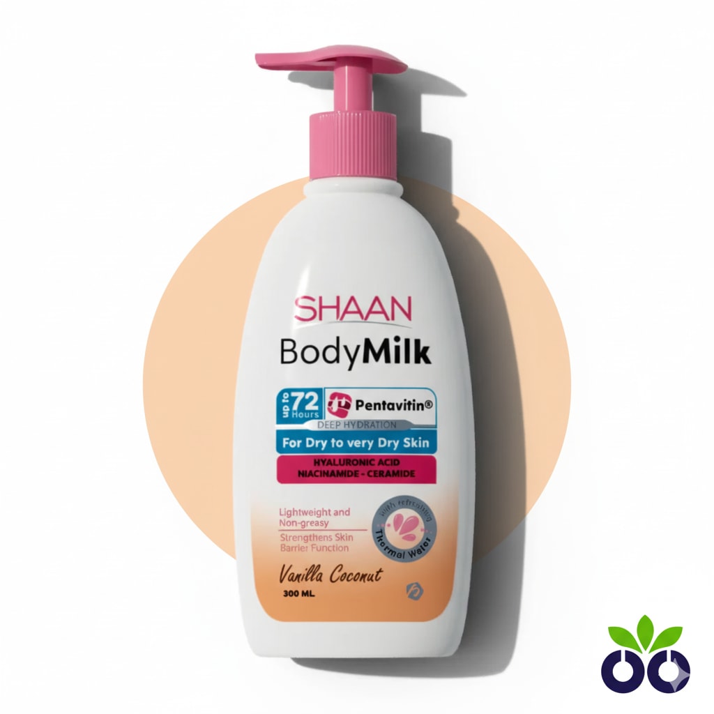 Shaan Vanilla Body Milk, a barrier repair body lotion with Ceramides and a floral scent for restoring very dry, sensitive skin.