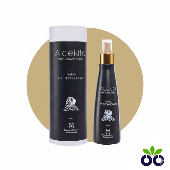 Aloekita Hair Growth Spray, a biotin hair growth spray with Caffeine and Ginseng, to stimulate the scalp and reduce thinning.