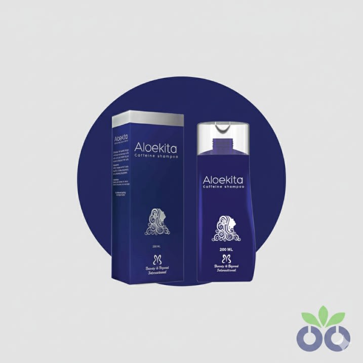 Aloekita Caffeine Shampoo with Caffeine and Saw Palmetto helping to reduce hair fall and cleanse the scalp.