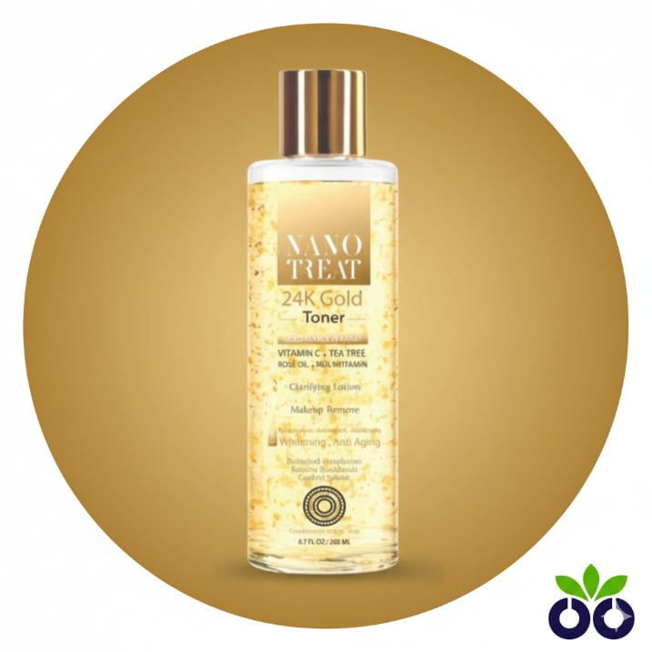 Nano Treat's 24K Gold, an exfoliating toner for glowing skin, with Arbutin and Glycolic Acid.