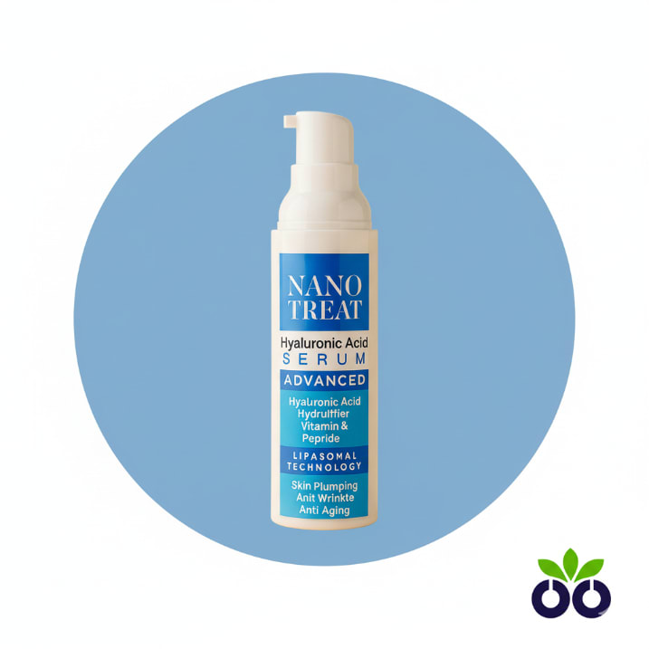 Nano Treat's hydrating and repairing serum with Hyaluronic Acid, Vitamin B5, and Peptides for stressed, dehydrated skin.