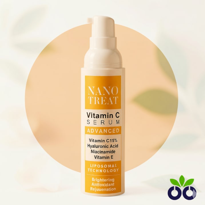 Nano Treat's liposomal vitamin c serum, a potent antioxidant serum with Hyaluronic Acid and Peptides.