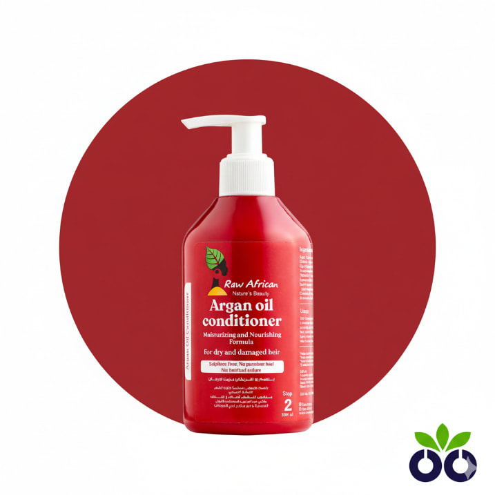Raw African's hydrating argan oil conditioner with Aloe Vera and Coconut Oil to repair dry, frizzy hair.