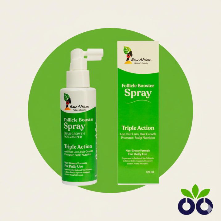 Raw African Follicle Booster, a redensyl hair growth spray with Rosemary and Saw Palmetto for hair loss.