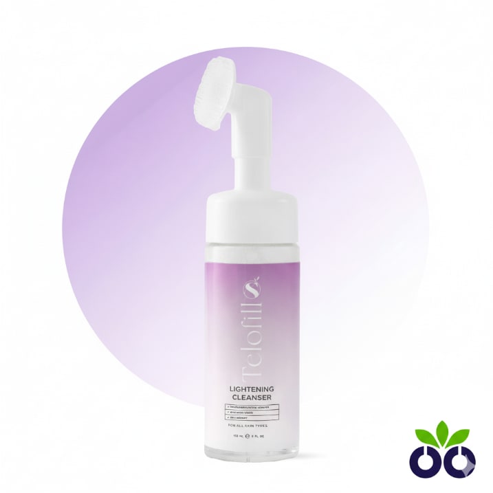Telofill Lightening Cleanser, a brightening face wash for pigmentation with Alpha-Arbutin and AHA to exfoliate and fade dark spots.
