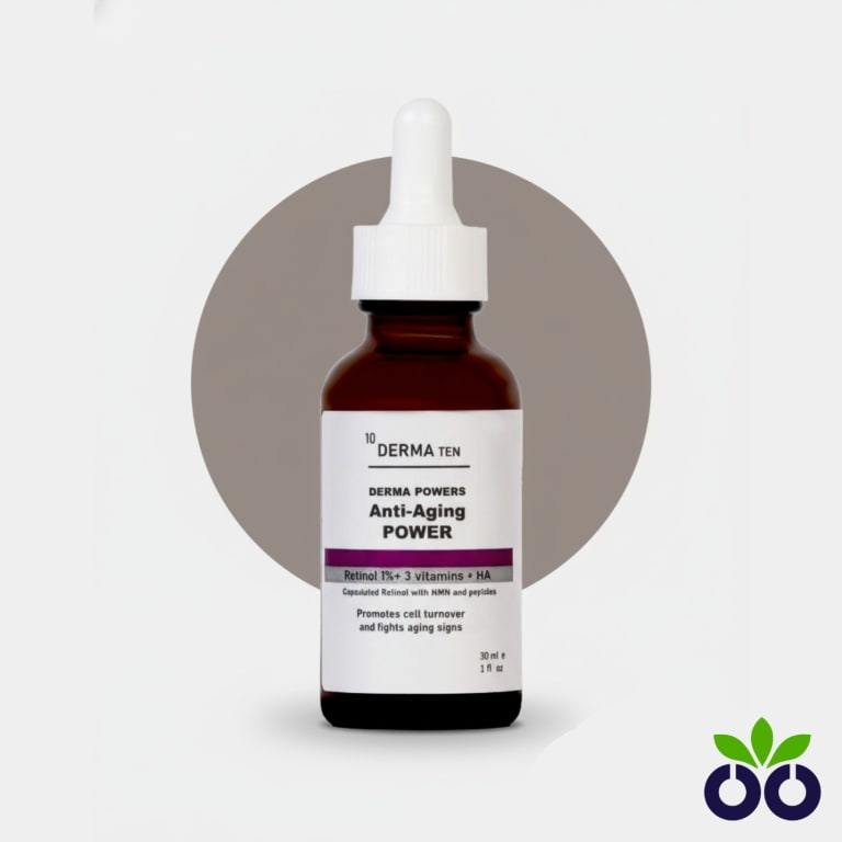 Derma Ten, an advanced anti-aging serum with encapsulated Retinol, Peptides, and NMN for firming skin and reducing wrinkles.