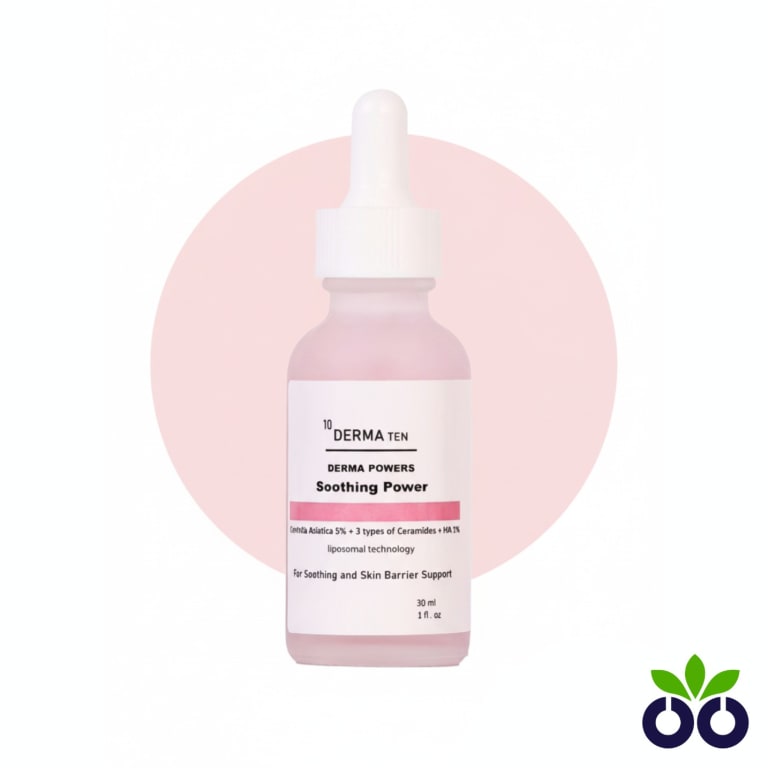 Derma Ten Soothing Power, a barrier repair serum with Ceramides and Cica to calm red, sensitive skin.