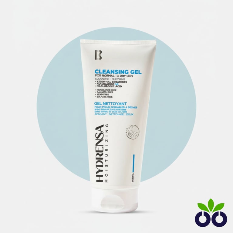Hydrensa Cleansing Gel, a hydrating gel cleanser with Ceramides and Niacinamide for repairing the skin barrier.