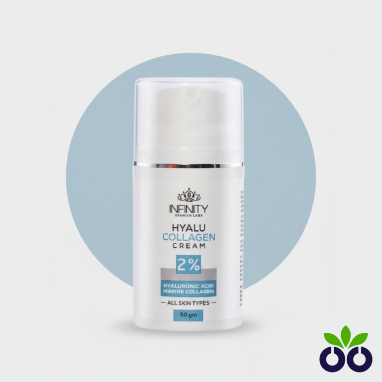 Infinity Hyalu Collagen Cream, a firming collagen cream with Marine Collagen and Hyaluronic Acid for plumping and hydrating skin.