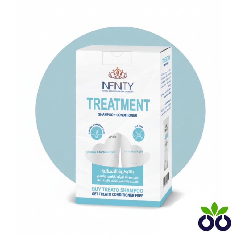 Infinity Treato dandruff shampoo and conditioner kit with Zinc Pyrithione, Argan Oil, and Shea Butter for dry, flaky scalps.