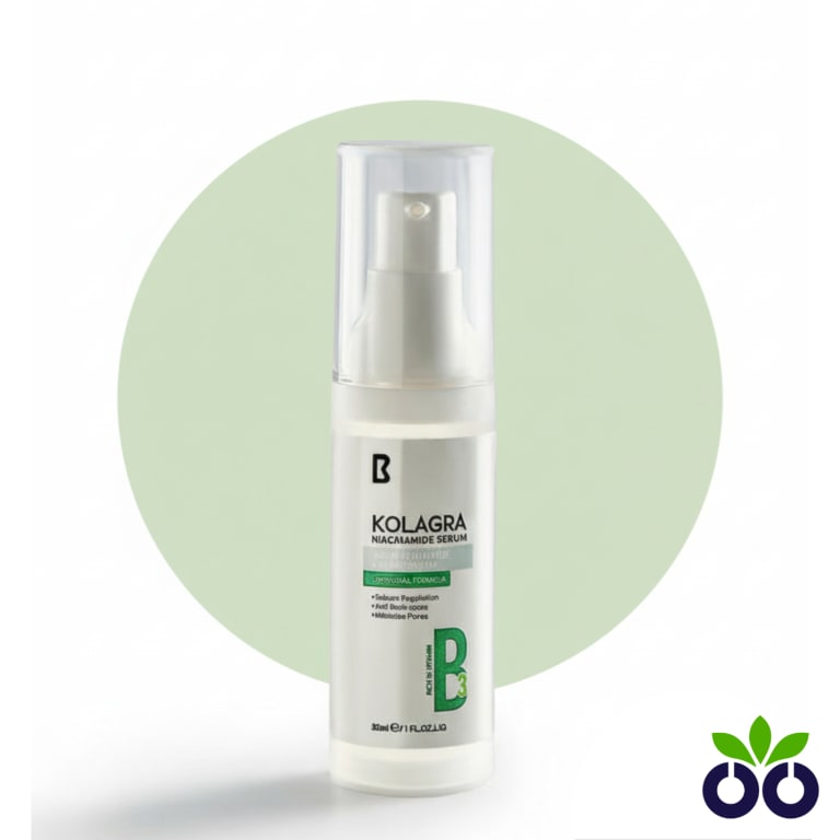 Kolagra's serum for oily skin and dark spots, a "kitchen-sink" formula with Niacinamide, Retinol, and Glycolic Acid.