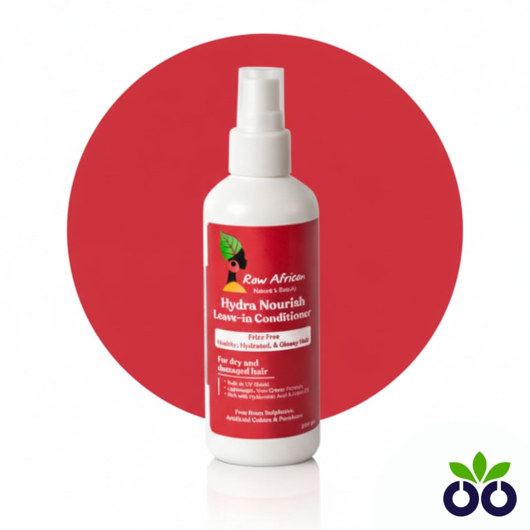 Raw African Hydra Nourish, a hyaluronic acid hair cream and leave-in conditioner with Argan Oil for hydrating frizzy hair.