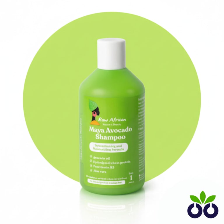 Raw African Maya, a 90% natural hydrating avocado shampoo with Fiberhance and Avocado Oil for repairing frizzy, dry hair.