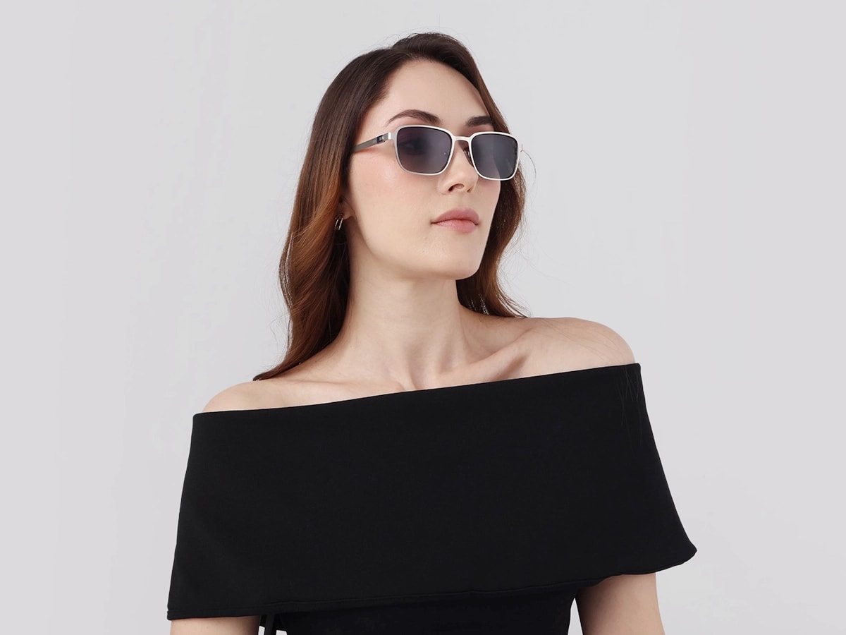 Matte Silver Rectangle Metal Full-Rim Sunglasses 53