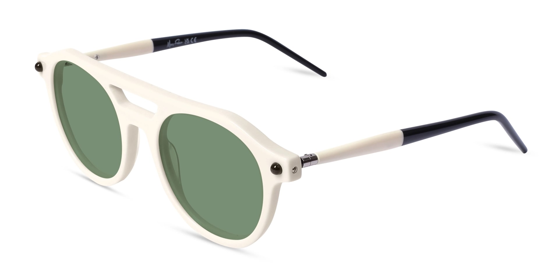 Creme White & Black Round Full-Rim Sunglasses