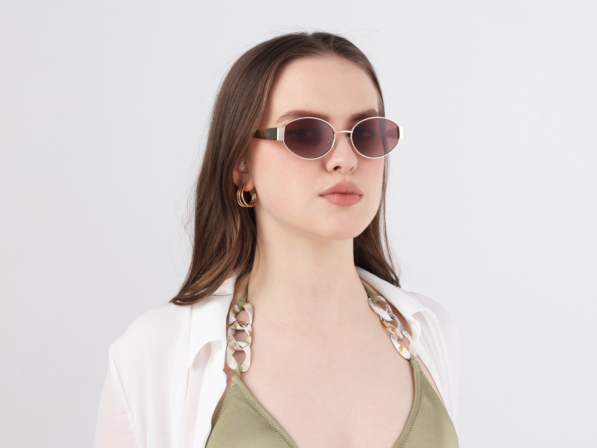 Champagne Gold Oval Full Rim Sunglasses