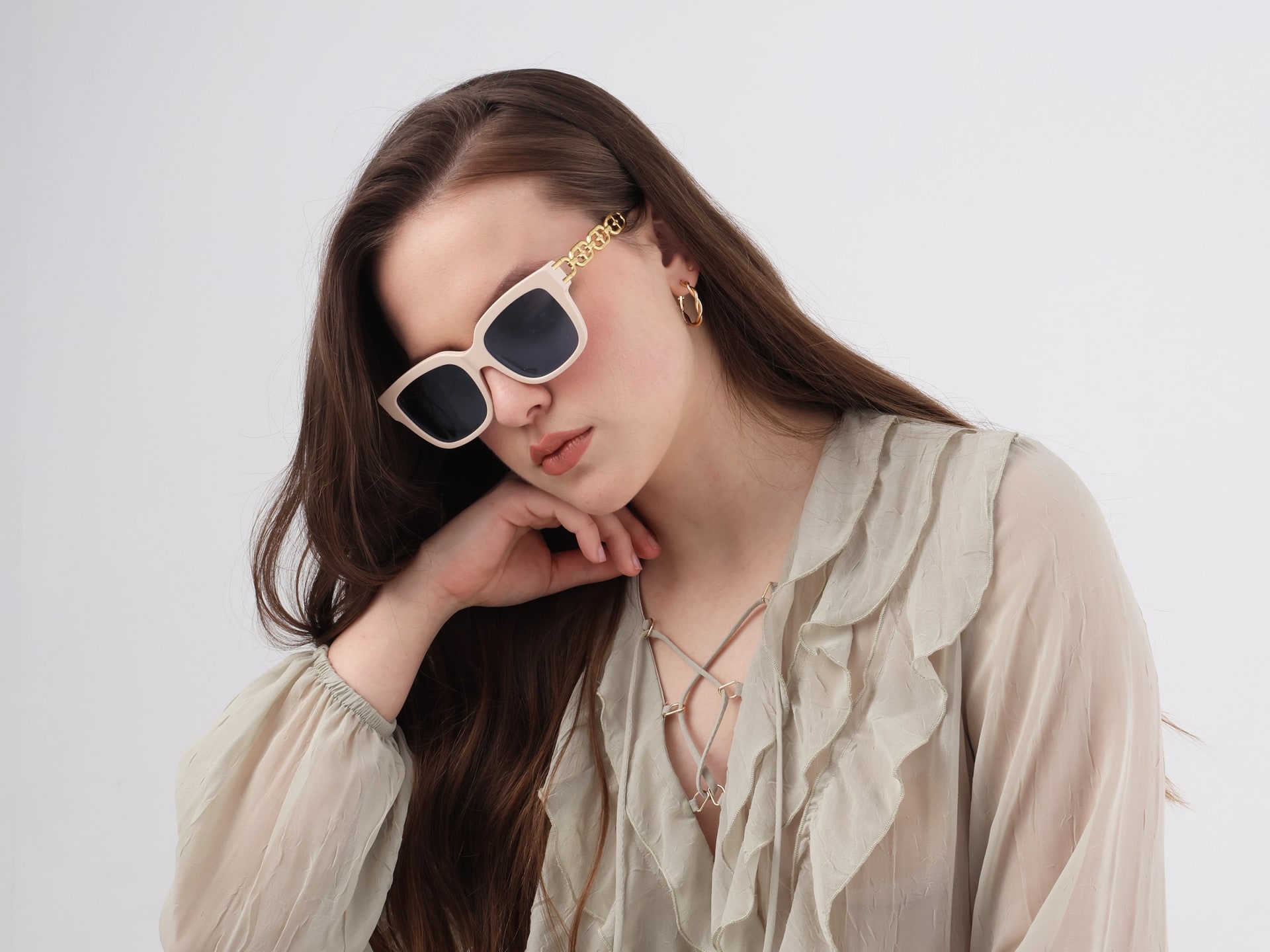 Beige & Gold Square Frame With Blue Tint Sunglasses-53