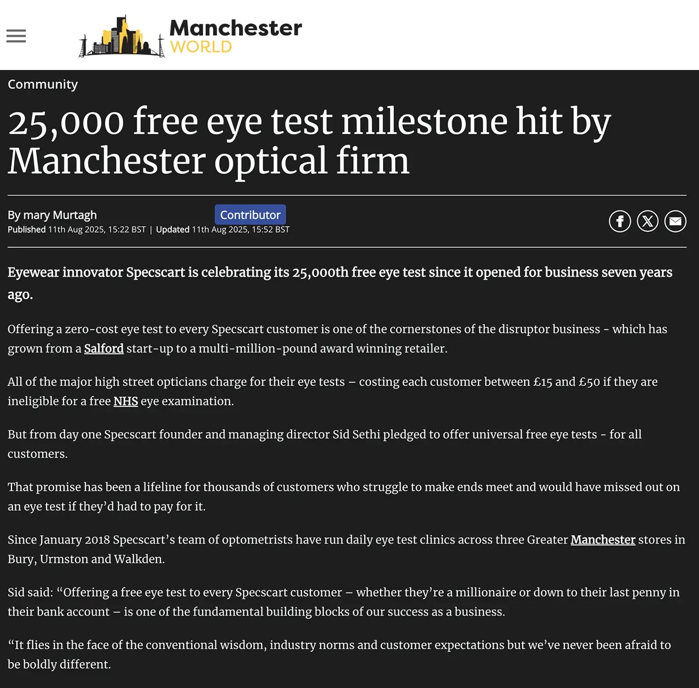 25,000 free eye test milestone hit by Manchester optical firm