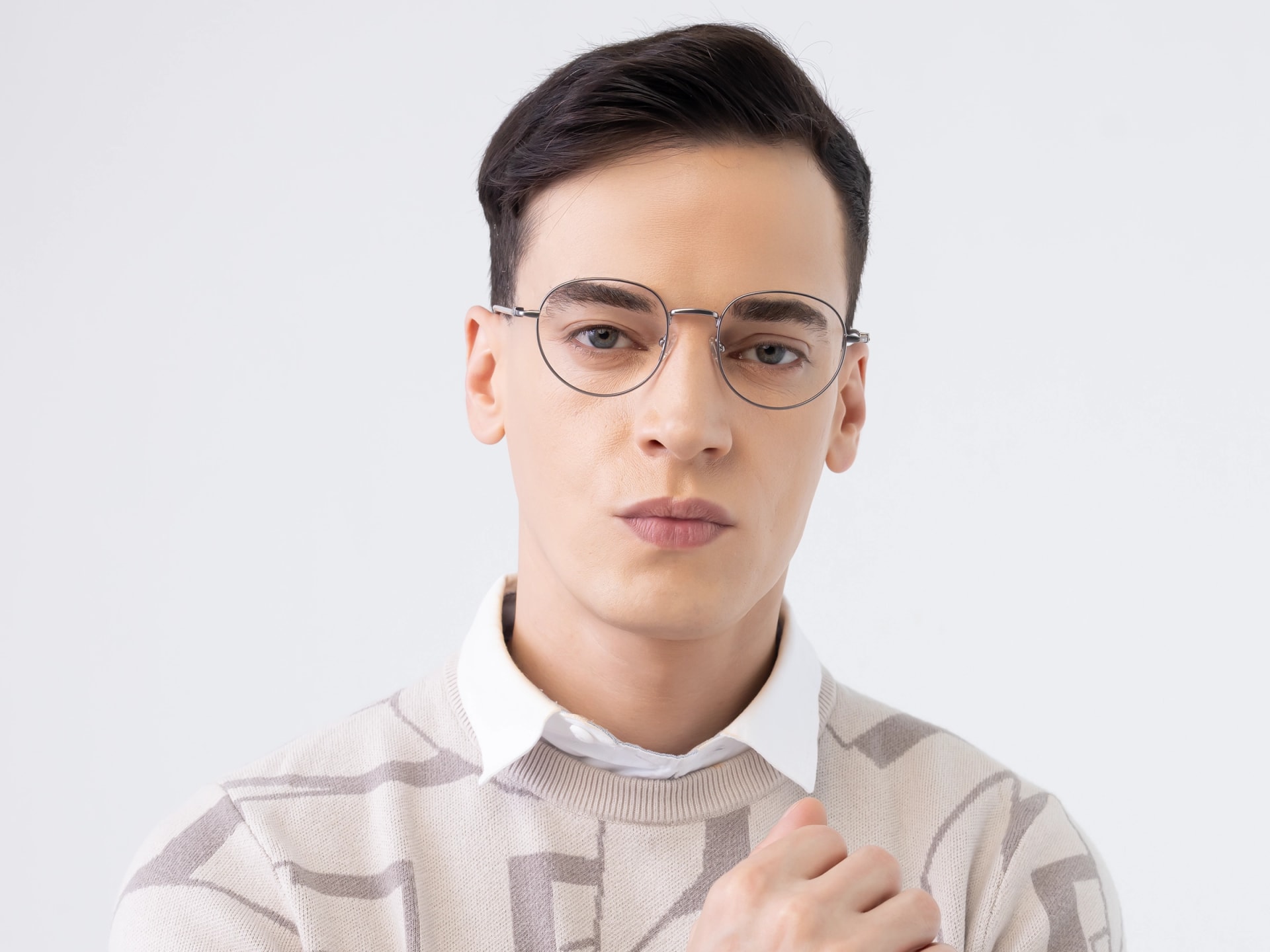Platinum Grey Oval Metal Glasses-1