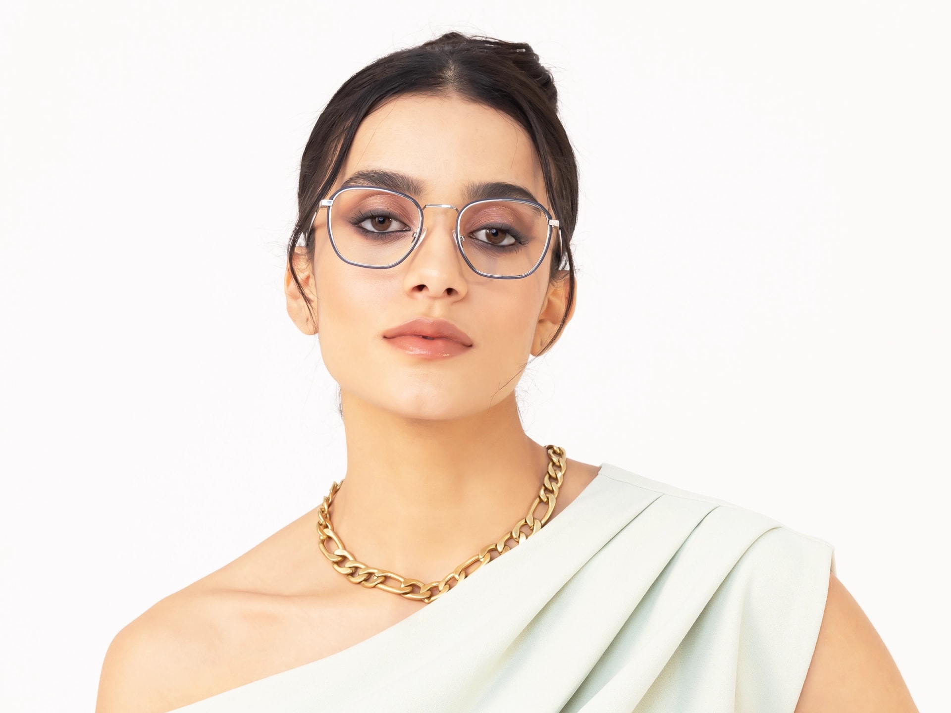 Silver & Matte Blue Geometric Glasses