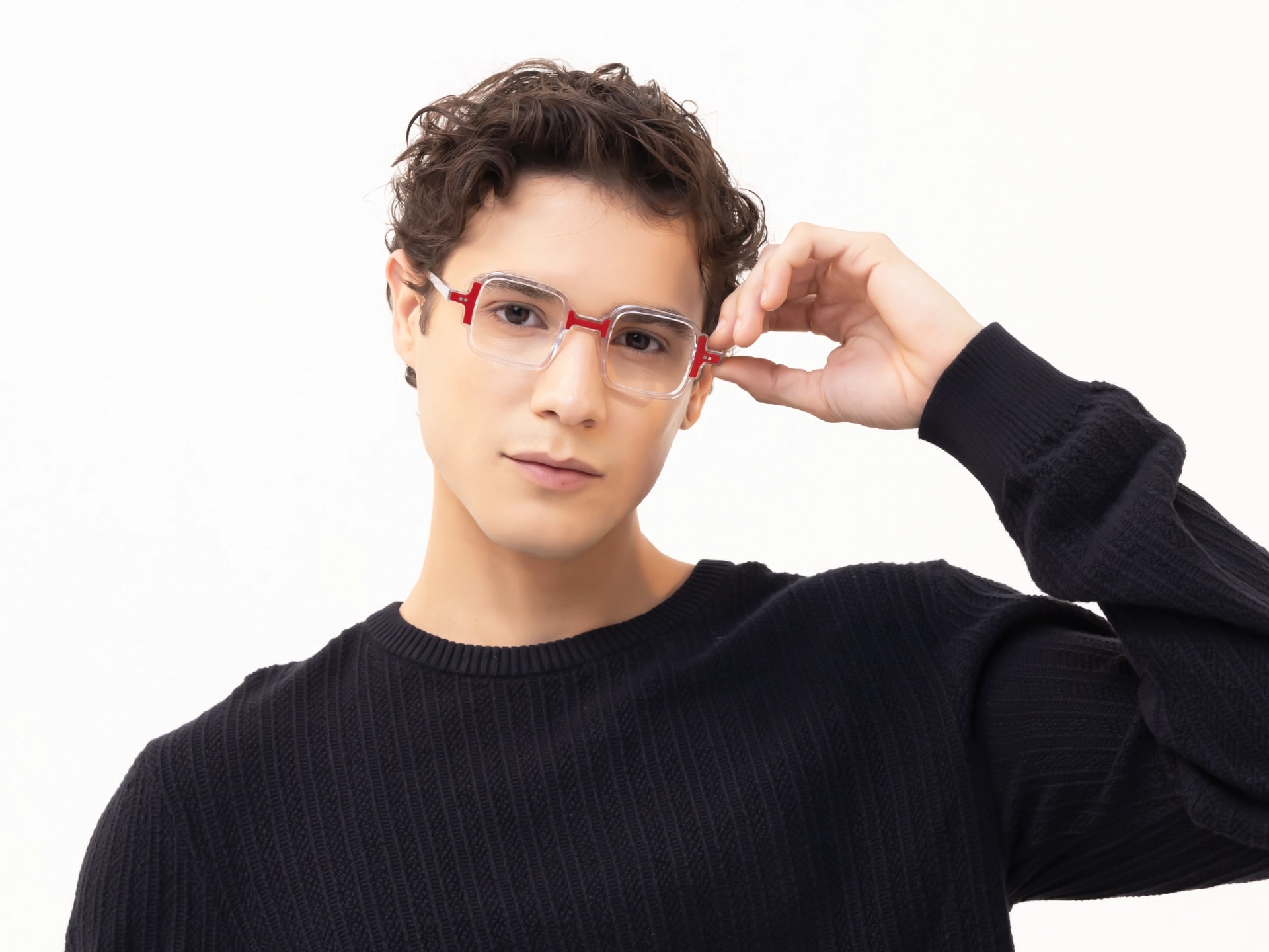 Clear & Red Square Acetate Glasses-43