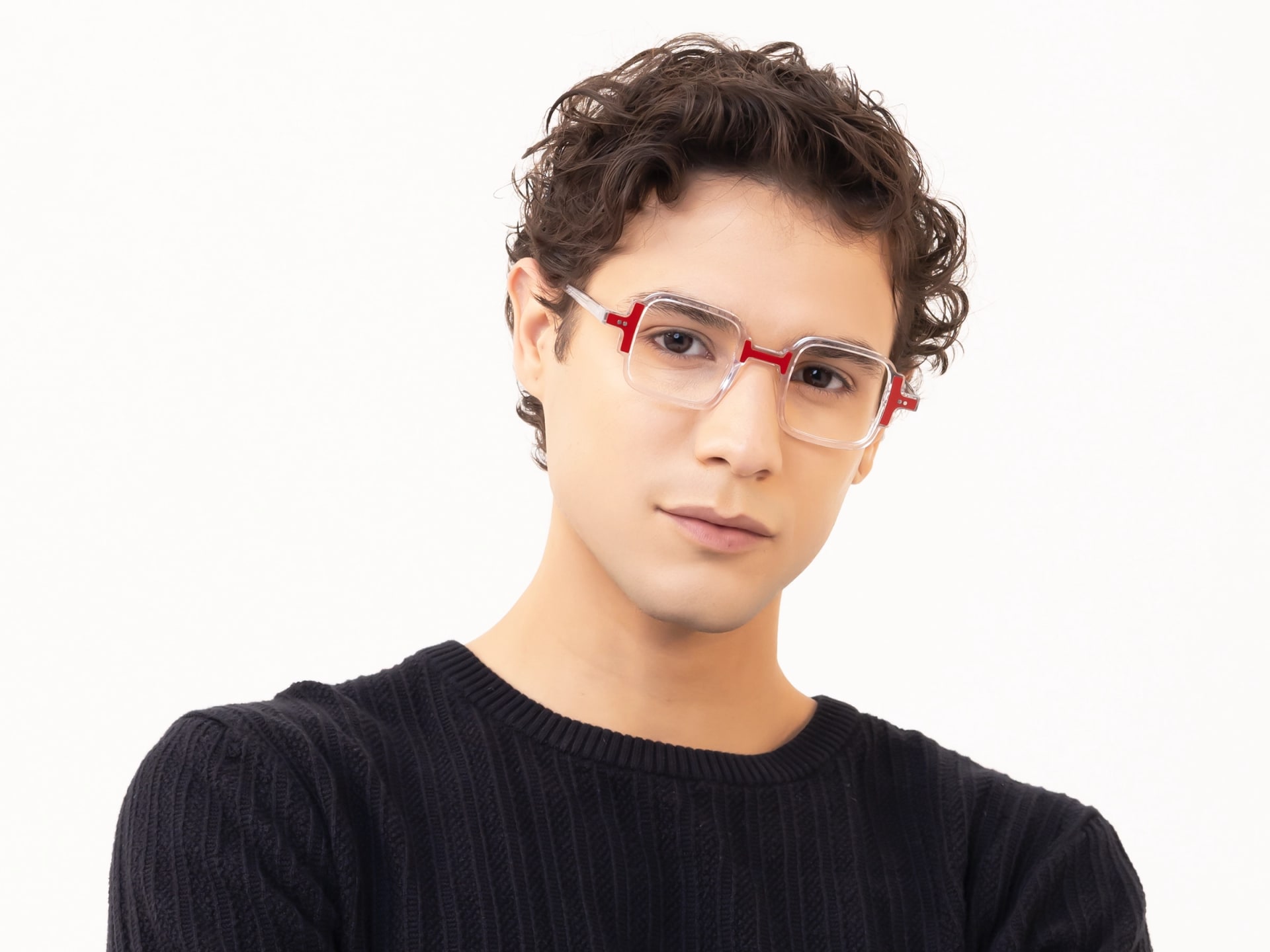 Clear & Red Square Acetate Glasses-42