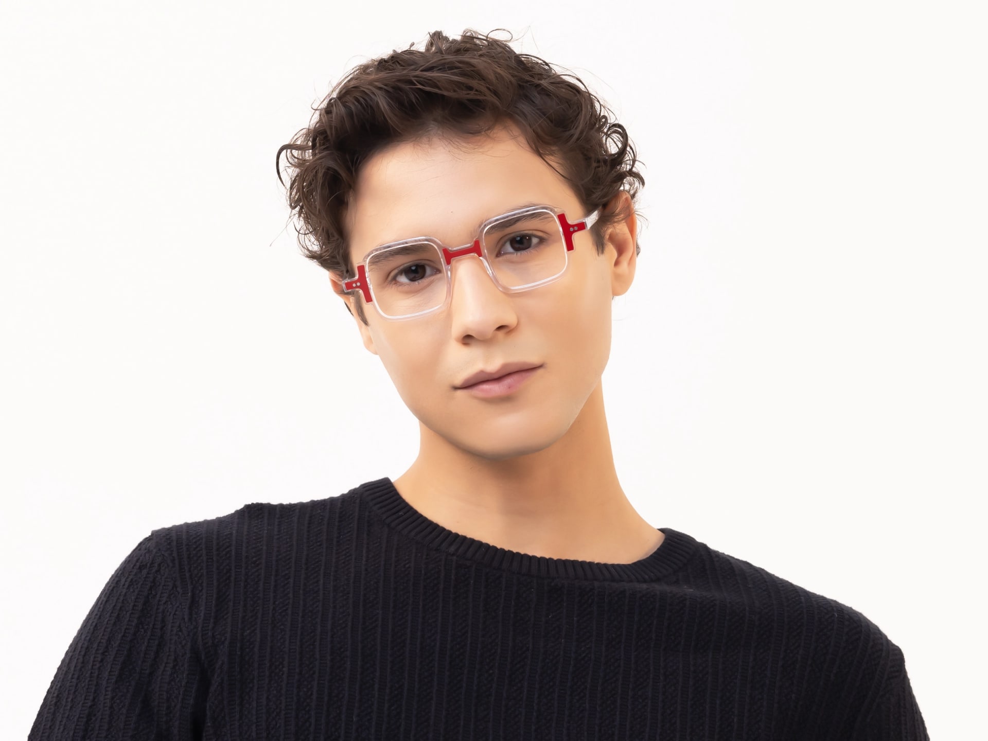Clear & Red Square Acetate Glasses-41
