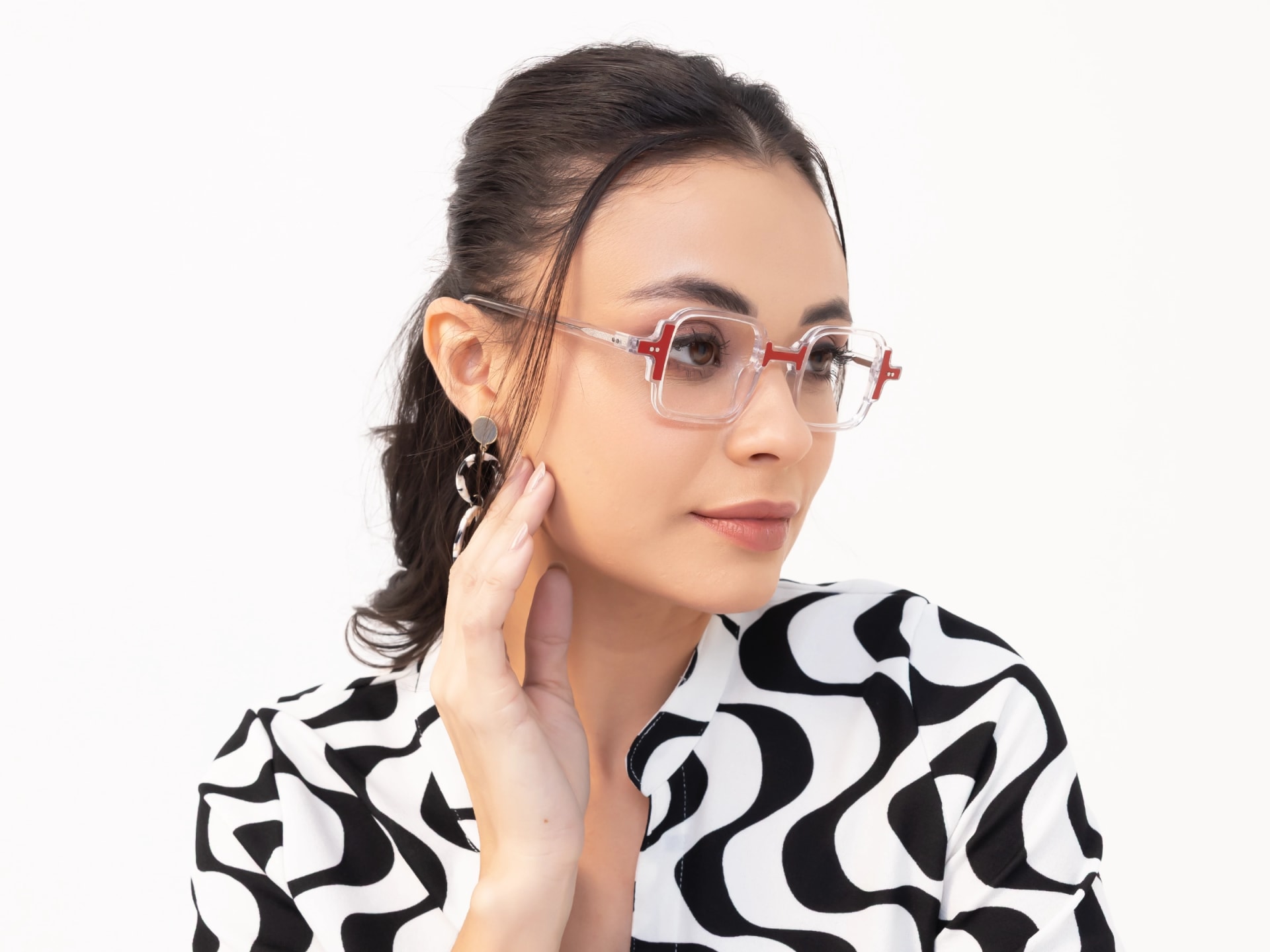 Clear & Red Square Acetate Glasses-53