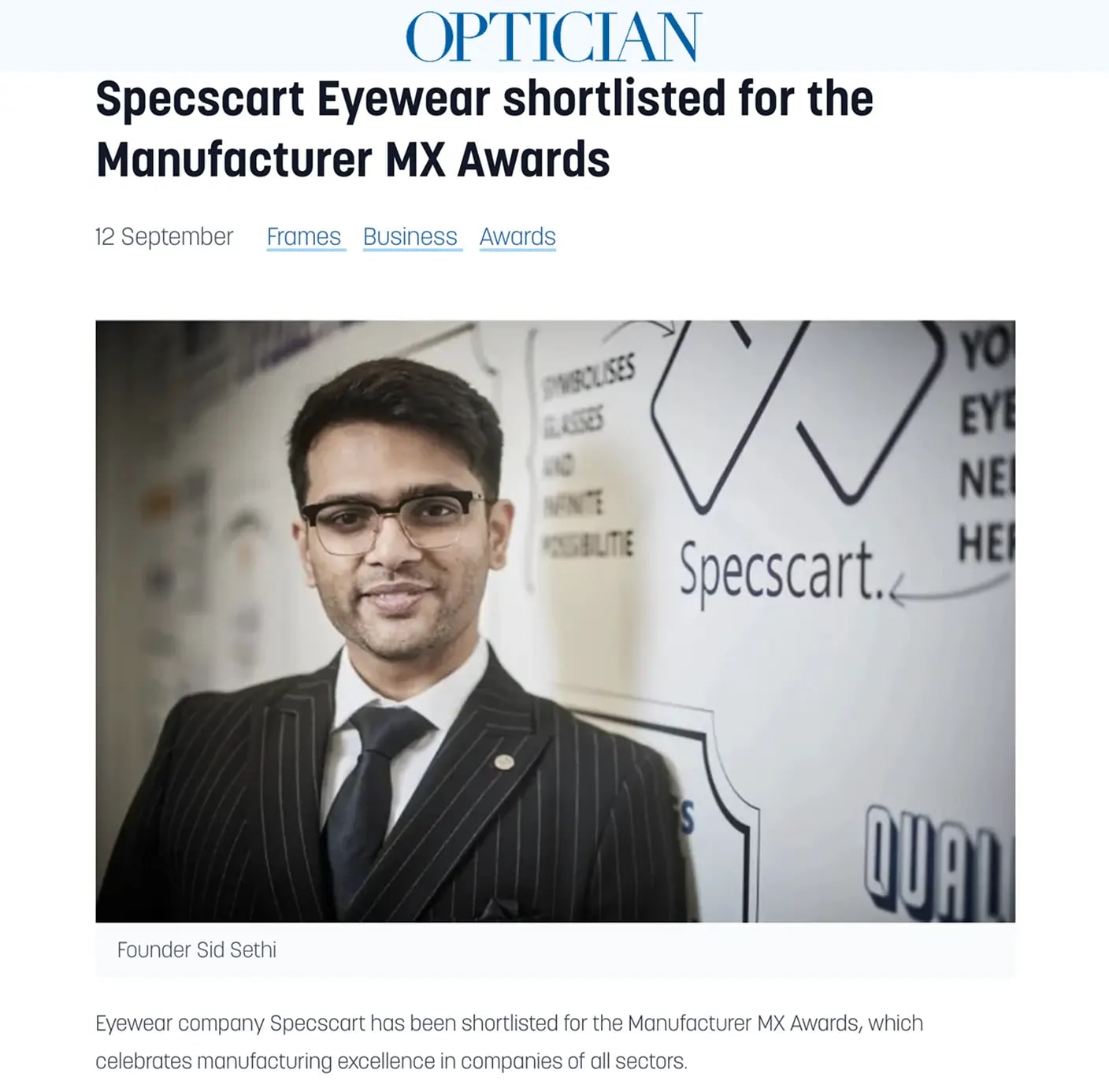 Specscart Eyewear shortlisted for the Manufacturer MX Awards